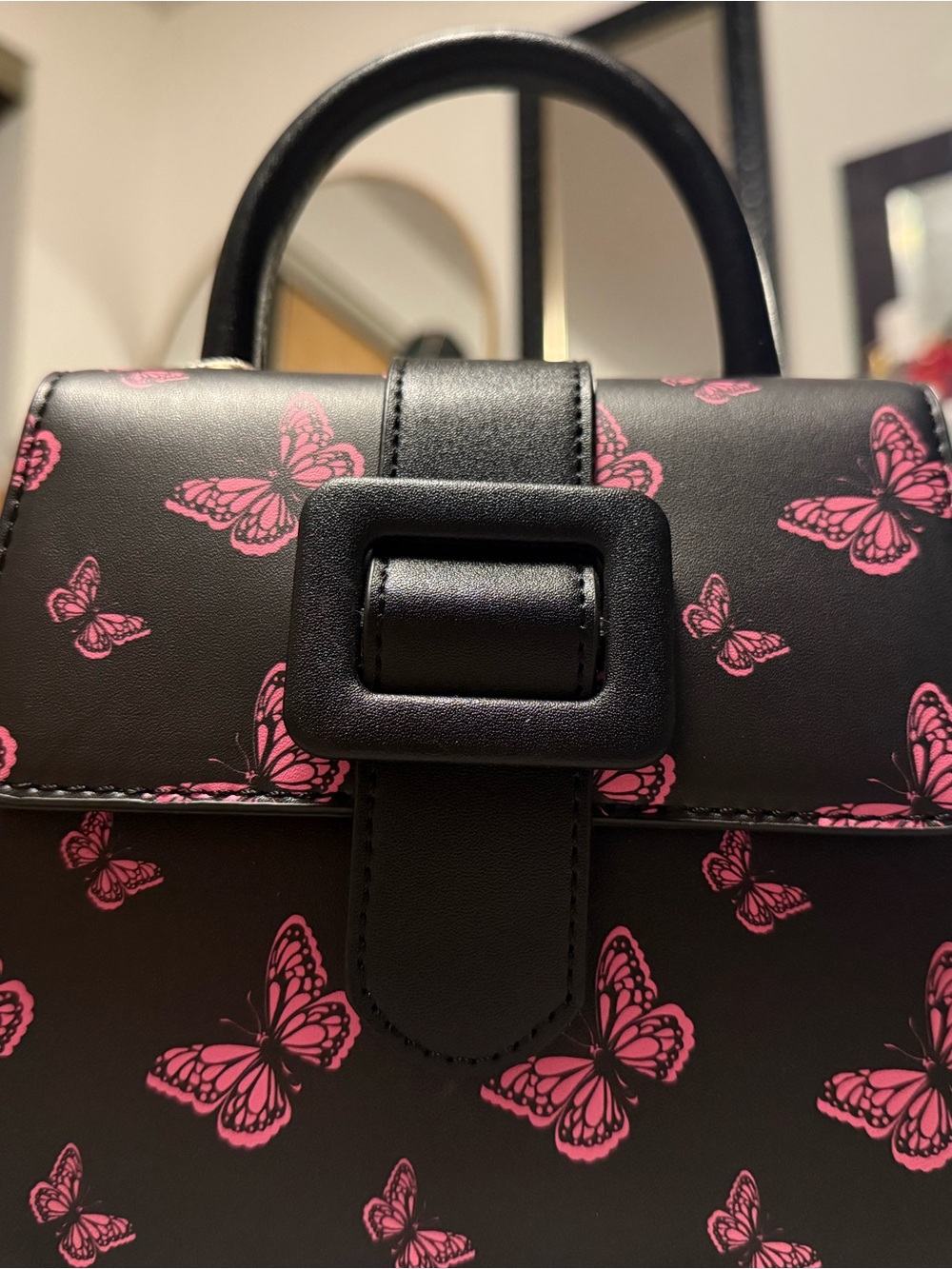 Black Handbag with Pink Butterfly Print - Structured Top Handle Tote